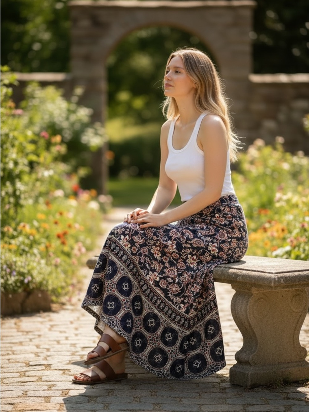 Talbots Navy Floral Border Maxi Skirt petite M